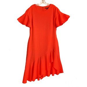 Black Halo midi dress size 18. Bright red-orange. Asymmetric ruffle bottom. NWT